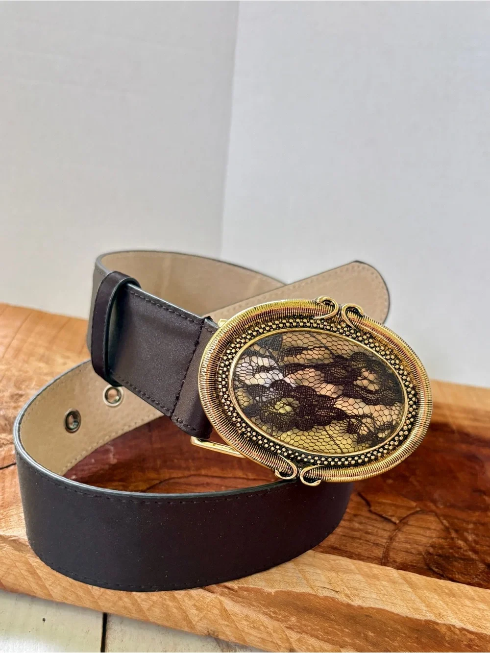 Chico’s vintage Y2K satin leather belt with oval gold gem buckle lace sz S/M EUC
